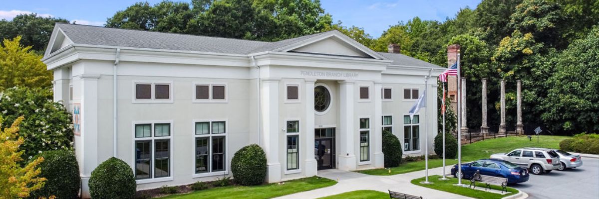 Pendleton Library building from front featuring columns and plinths