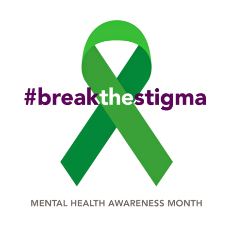 Green ribbon with #break the stigma across the ribbon. also text reads Mental Health Awarness Month