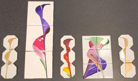 5 triptychs with different color flowers on them