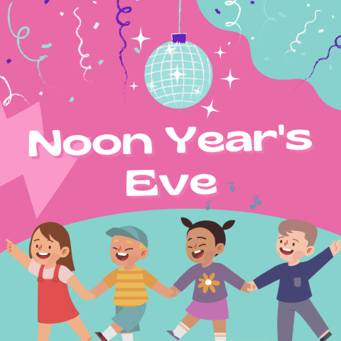 Four children dancing under the text Noon Year's Eve