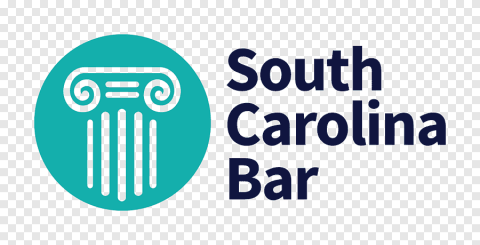 Teal circle with white line drawing of top of architectural column inside. To the right text reads South Carolina Bar