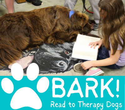 Girl reading to large brown dog