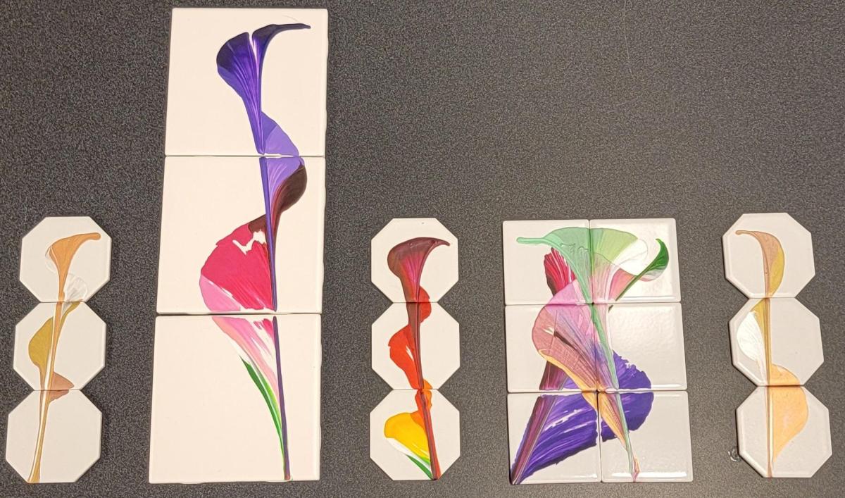 5 triptychs with different color flowers on them