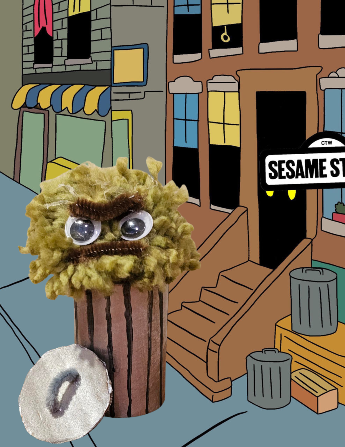 yarn Grouch in trash can with cartoon background